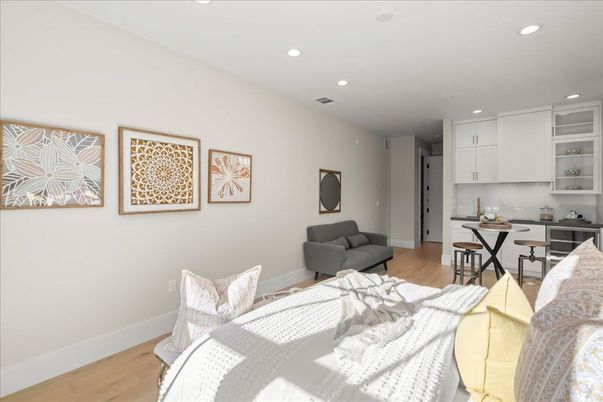 Bedroom, Dining room, Interior, Kitchen, Recessed Lighting, Wood Texture Flooring