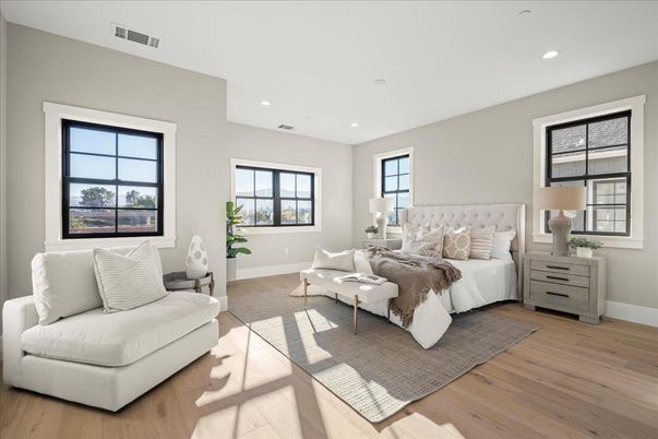 Bedroom, Interior, Recessed Lighting, Wood Texture Flooring
