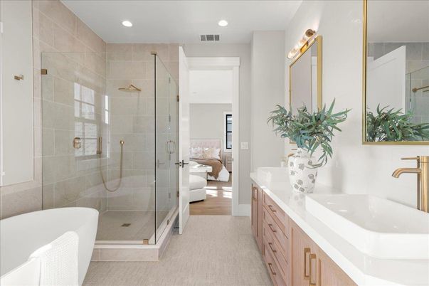 Bathroom, Dual Sink Vanities, Glass Shower, Interior, Recessed Lighting, Wood Texture Flooring