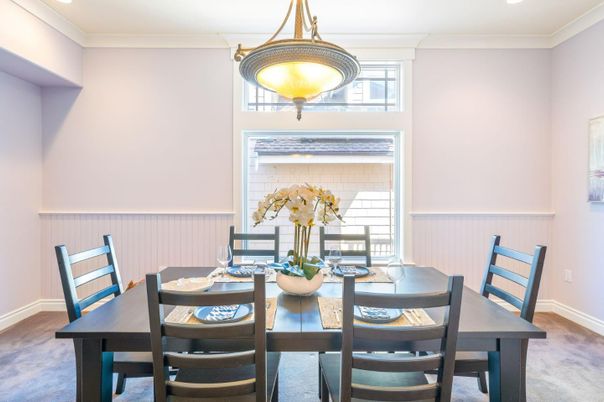Dining room, Interior, Recessed Lighting, Wood Texture Flooring