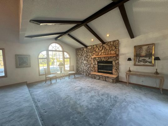 Fireplace, Interior, Recessed Lighting, Wooden Beams