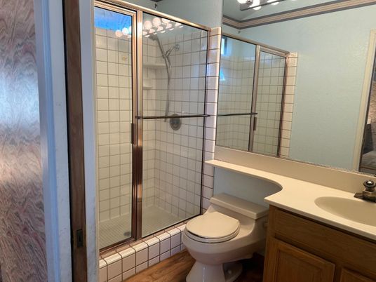 Bathroom, Glass Shower, Interior, Wood Texture Flooring