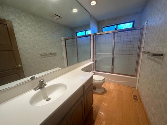 Bathroom, Glass Shower, Interior, Recessed Lighting, Wood Texture Flooring