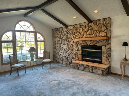 Fireplace, Interior, Recessed Lighting, Stone Walls, Wooden Beams