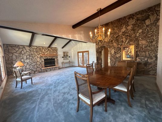 Chandelier, Dining room, Fireplace, Interior, Stone Walls, Wooden Beams