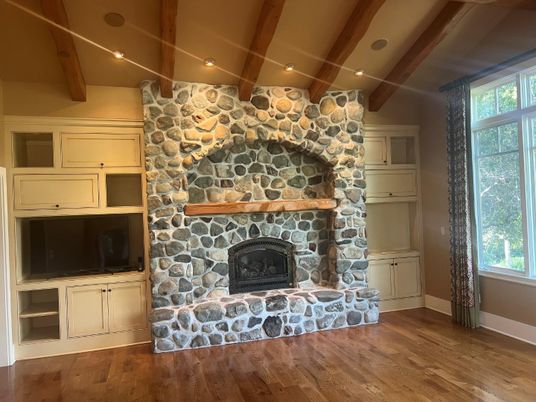 Fireplace, Interior, Recessed Lighting, Stone Walls, Wooden Beams, Wood Texture Flooring