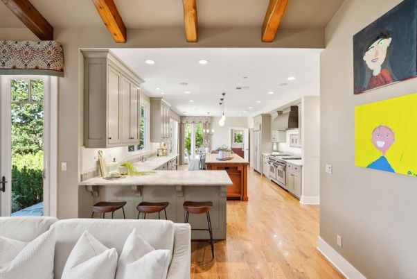 Interior, Kitchen, Pendant Lights, Recessed Lighting, Wooden Beams, Wood Texture Flooring