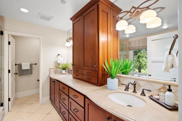 Bathroom, Dual Sink Vanities, Glass Shower, Interior, Pendant Lights, Recessed Lighting