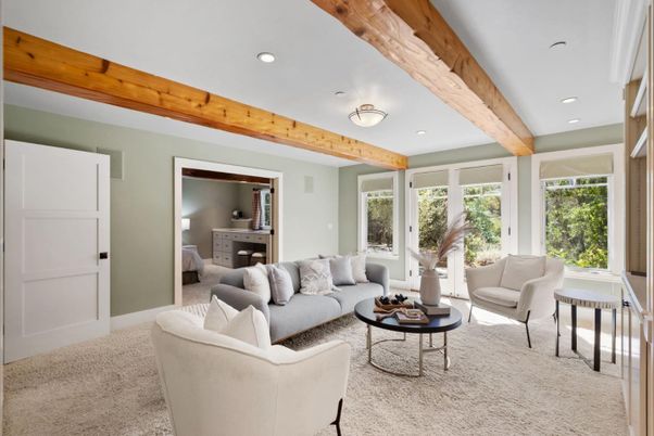 Interior, Living room, Recessed Lighting, Wooden Beams