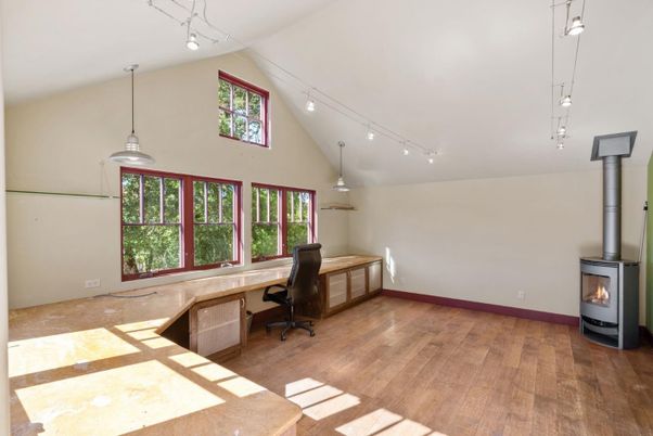 Fireplace, Home Office, Interior, Pendant Lights, Wood Texture Flooring