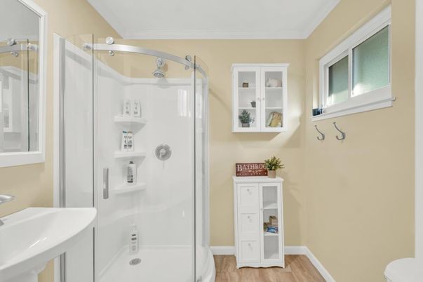 Bathroom, Glass Shower, Interior, Wood Texture Flooring