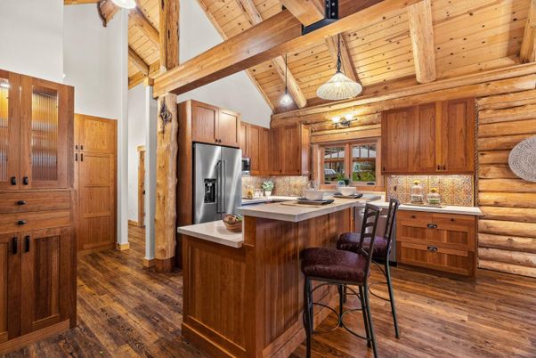 Interior, Kitchen, Pendant Lights, Stainless Steel Appliances, Wooden Beams, Wooden Ceilings, Wood Texture Flooring, Wooden Walls