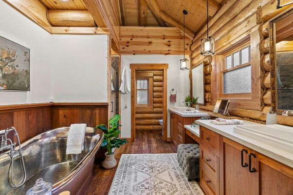 Bathroom, Interior, Pendant Lights, Wooden Beams, Wooden Ceilings, Wood Texture Flooring, Wooden Walls
