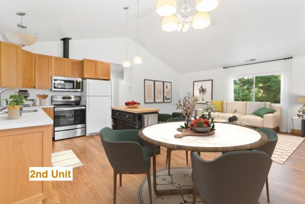 Dining room, Interior, Kitchen, Living room, Pendant Lights, Stainless Steel Appliances, Wood Texture Flooring