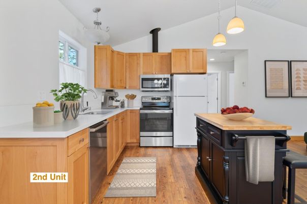 Interior, Kitchen, Pendant Lights, Stainless Steel Appliances, Wood Texture Flooring