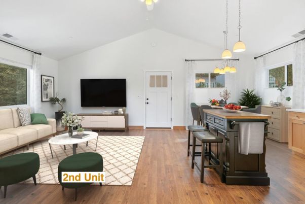 Dining room, Interior, Living room, Pendant Lights, Wood Texture Flooring