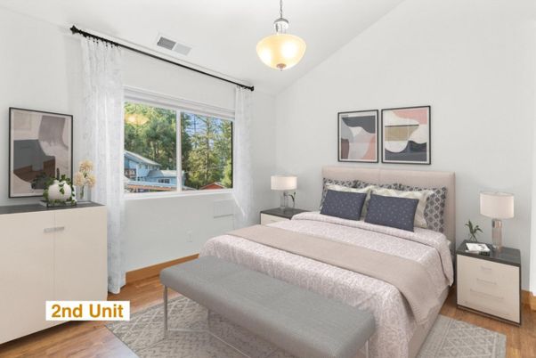Bedroom, Interior, Pendant Lights, Wood Texture Flooring