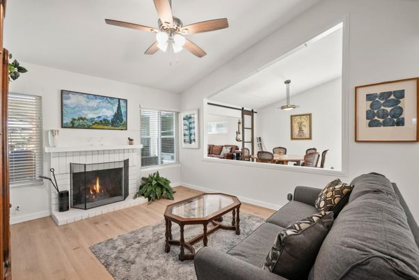 Fireplace, Interior, Living room, Pendant Lights, Wood Texture Flooring
