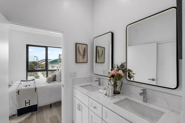 Bathroom, Dual Sink Vanities, Interior, Wood Texture Flooring