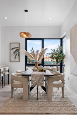 Dining room, Interior, Pendant Lights, Recessed Lighting, Wood Texture Flooring