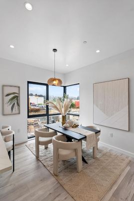 Dining room, Interior, Pendant Lights, Recessed Lighting, Wood Texture Flooring