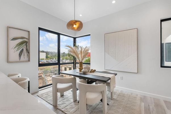 Dining room, Interior, Pendant Lights, Recessed Lighting, Wood Texture Flooring