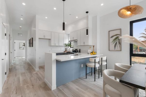 Interior, Kitchen, Pendant Lights, Recessed Lighting, Wood Texture Flooring