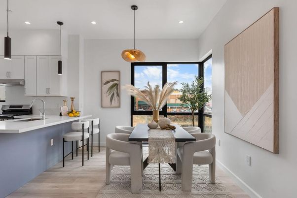 Dining room, Interior, Kitchen, Pendant Lights, Recessed Lighting, Wood Texture Flooring