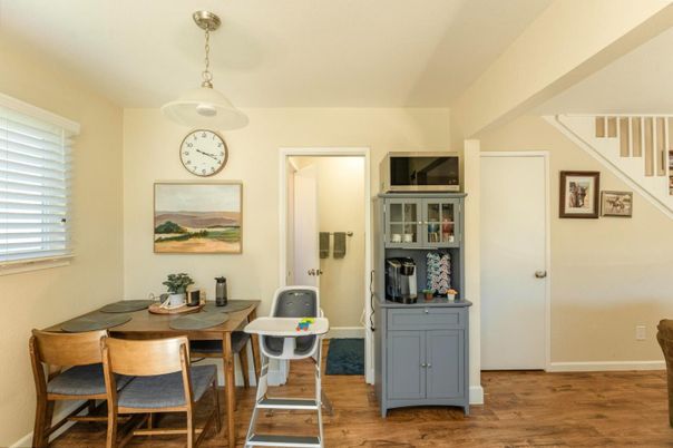 Dining room, Interior, Pendant Lights, Wood Texture Flooring