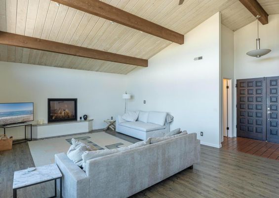 Fireplace, Interior, Living room, Pendant Lights, Wooden Beams, Wooden Ceilings, Wood Texture Flooring