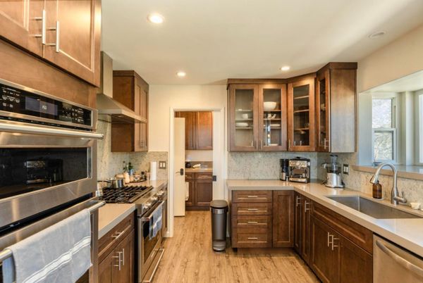 Interior, Kitchen, Recessed Lighting, Stainless Steel Appliances, Wood Texture Flooring