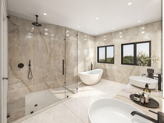 Bathroom, Dual Sink Vanities, Free Standing Baths, Glass Shower, Interior, Marble Walls, Recessed Lighting