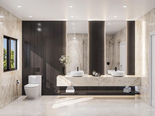 Bathroom, Dual Sink Vanities, Interior, Marble Walls, Recessed Lighting
