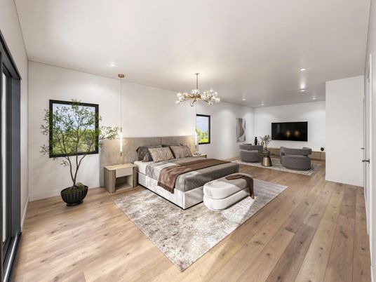Bedroom, Interior, Pendant Lights, Recessed Lighting, Wood Texture Flooring