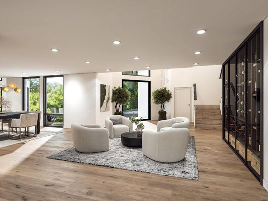 Dining room, Game Room, Interior, Living room, Recessed Lighting, Wood Texture Flooring