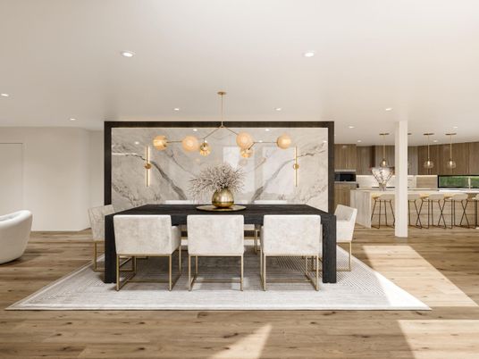 Dining room, Interior, Kitchen, Marble Walls, Pendant Lights, Recessed Lighting, Wood Texture Flooring