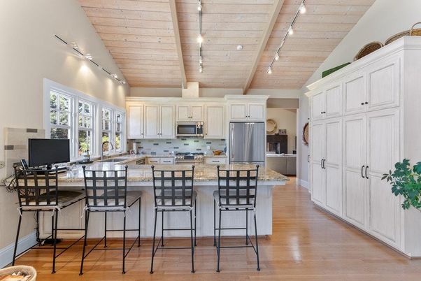 Interior, Kitchen, Pendant Lights, Stainless Steel Appliances, Wooden Ceilings, Wood Texture Flooring