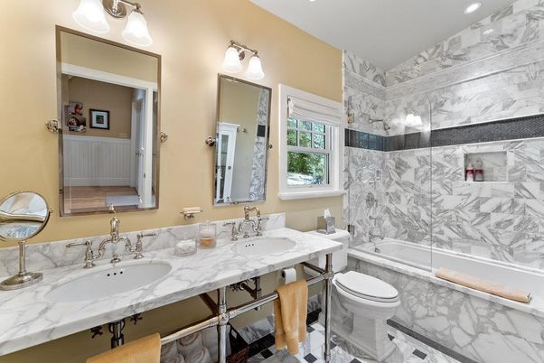 Bathroom, Dual Sink Vanities, Interior, Marble Walls, Recessed Lighting