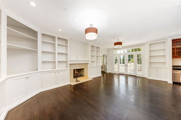 Empty room, Fireplace, Interior, Kitchen, Recessed Lighting, Wood Texture Flooring