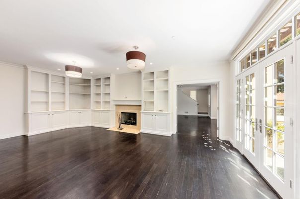 Empty room, Fireplace, Interior, Recessed Lighting, Wood Texture Flooring