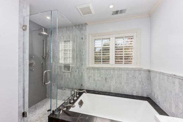 Bathroom, Glass Shower, Interior, Marble Walls, Recessed Lighting