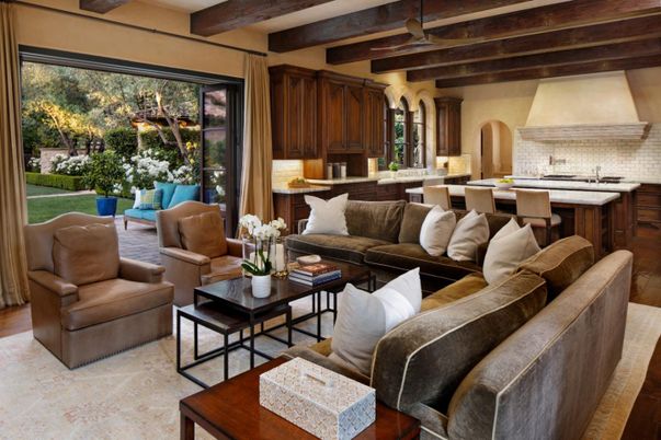 Dining room, Interior, Kitchen, Living room, Pendant Lights, Recessed Lighting, Stone Walls, Wooden Beams, Wood Texture Flooring