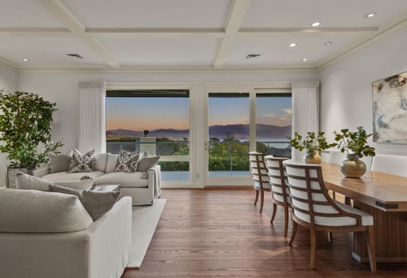 Dining room, Interior, Living room, Recessed Lighting, Water, Wood Texture Flooring