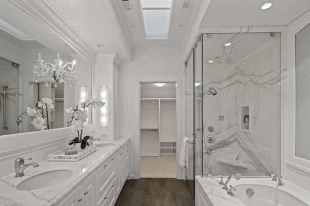 Bathroom, Dual Sink Vanities, Glass Shower, Interior, Marble Walls, Recessed Lighting