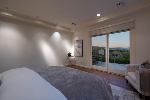 Bedroom, Interior, Recessed Lighting, Wood Texture Flooring