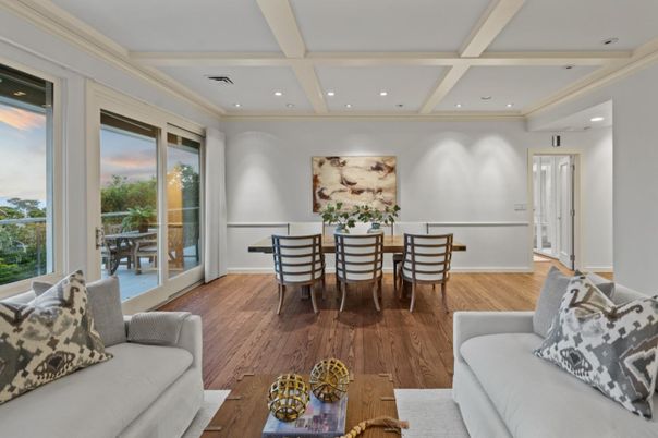 Dining room, Interior, Living room, Recessed Lighting, Wood Texture Flooring