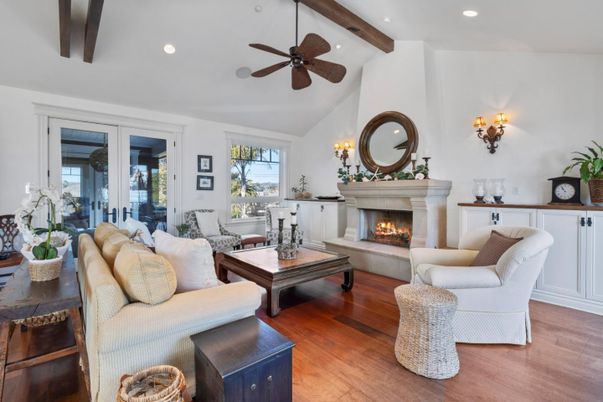 Fireplace, Interior, Living room, Recessed Lighting, Wooden Beams, Wood Texture Flooring