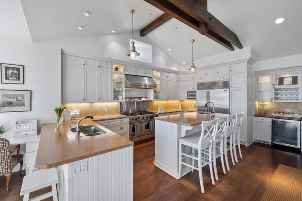 Interior, Kitchen, Pendant Lights, Recessed Lighting, Stainless Steel Appliances, Wooden Beams, Wood Texture Flooring