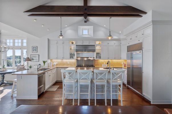 Interior, Kitchen, Pendant Lights, Recessed Lighting, Stainless Steel Appliances, Wooden Beams, Wood Texture Flooring