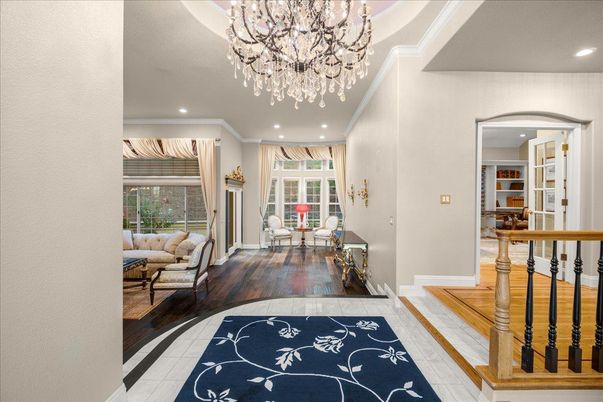 Chandelier, Interior, Living room, Recessed Lighting, Wood Texture Flooring